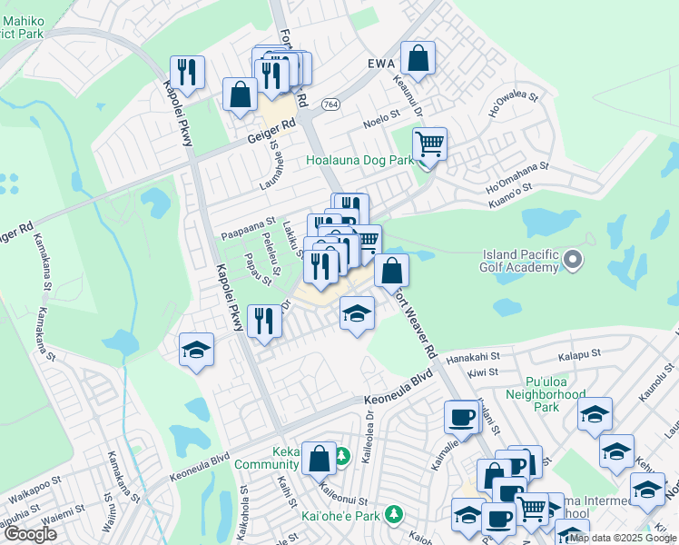 map of restaurants, bars, coffee shops, grocery stores, and more near 91 Keaunui Drive in Ewa Beach