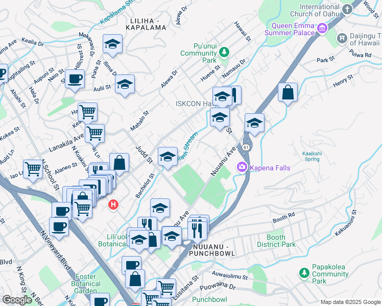 map of restaurants, bars, coffee shops, grocery stores, and more near 81 Kawananakoa Place in Honolulu