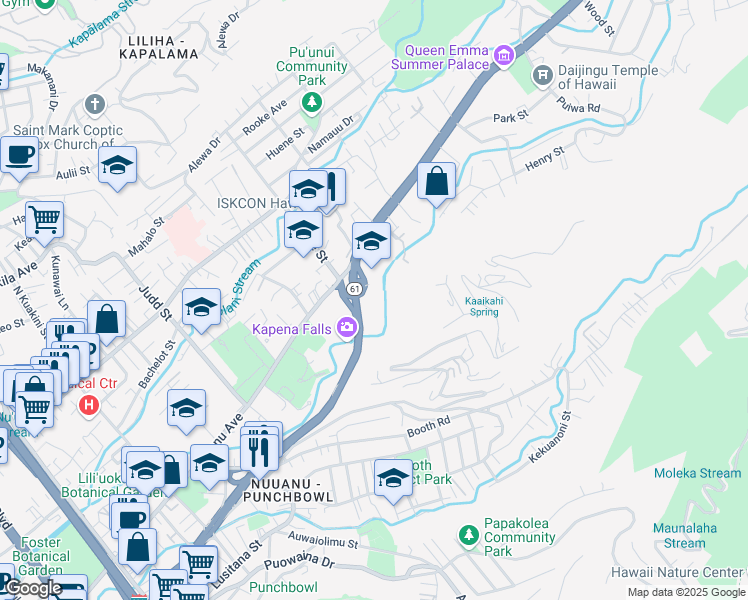 map of restaurants, bars, coffee shops, grocery stores, and more near 2425 Pali Highway in Honolulu
