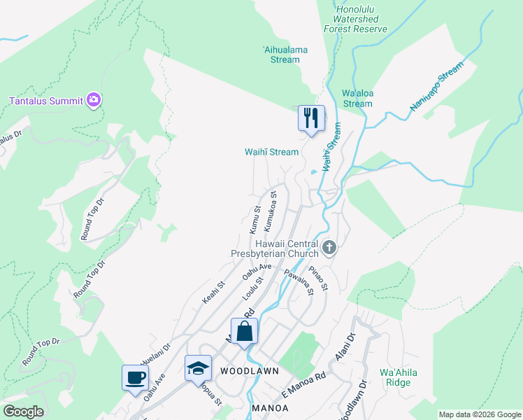 map of restaurants, bars, coffee shops, grocery stores, and more near 3597 Kumu Street in Honolulu