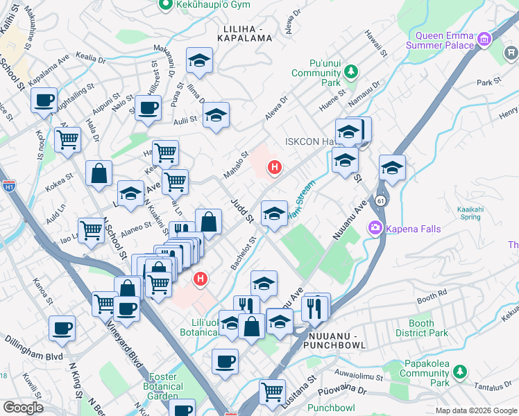 map of restaurants, bars, coffee shops, grocery stores, and more near 2145 Bachelot Street in Honolulu