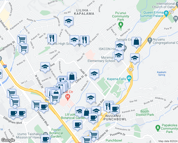 map of restaurants, bars, coffee shops, grocery stores, and more near 2125 Liliha Street in Honolulu