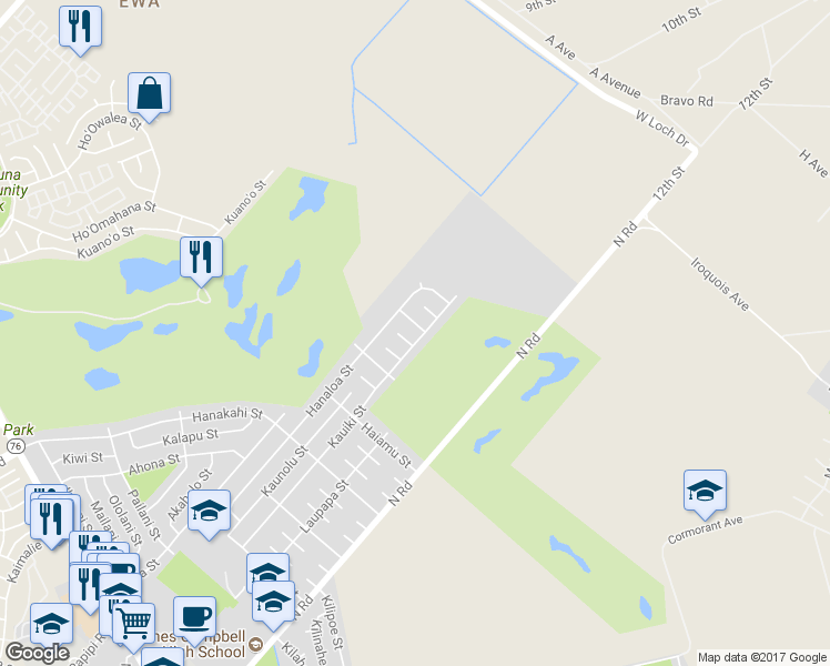 map of restaurants, bars, coffee shops, grocery stores, and more near 91-1196 Kauiki Street in Ewa Beach