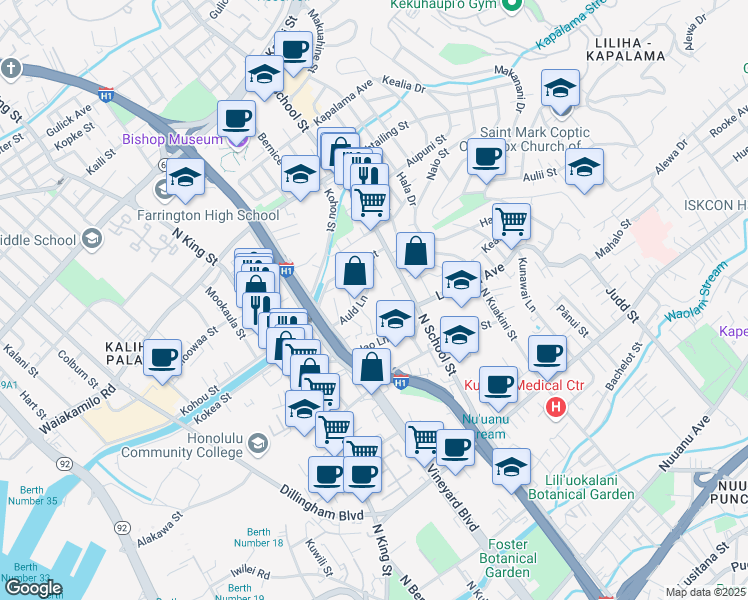 map of restaurants, bars, coffee shops, grocery stores, and more near 1529 Auld Lane in Honolulu