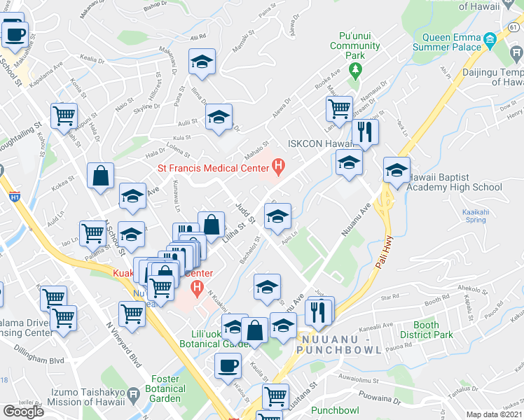 map of restaurants, bars, coffee shops, grocery stores, and more near 2145 Bachelot Street in Honolulu