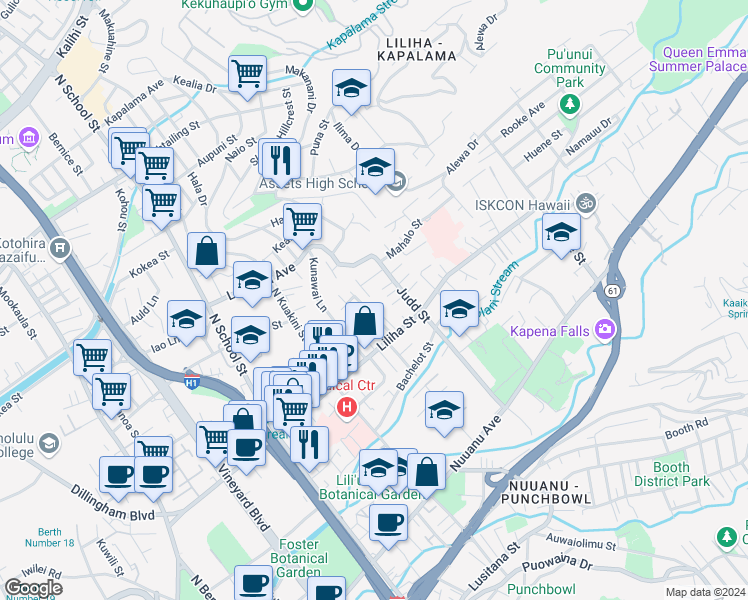 map of restaurants, bars, coffee shops, grocery stores, and more near 554 Mapu Lane in Honolulu