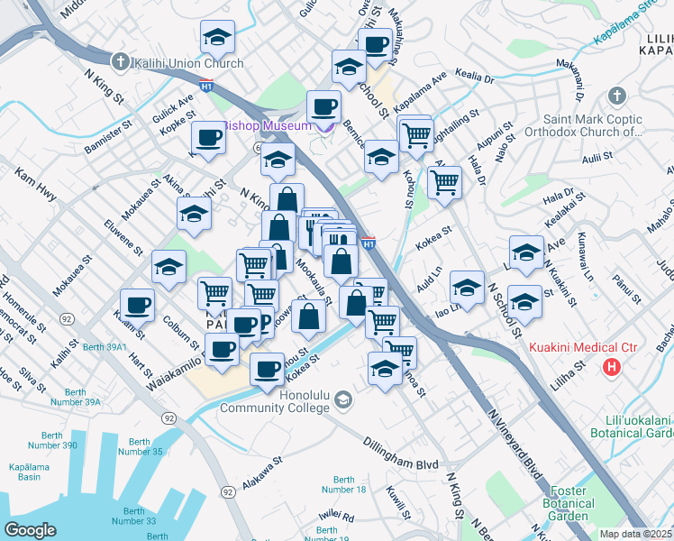 map of restaurants, bars, coffee shops, grocery stores, and more near 1271 North King Street in Honolulu