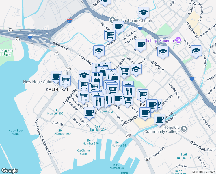 map of restaurants, bars, coffee shops, grocery stores, and more near 1805 Colburn Street in Honolulu