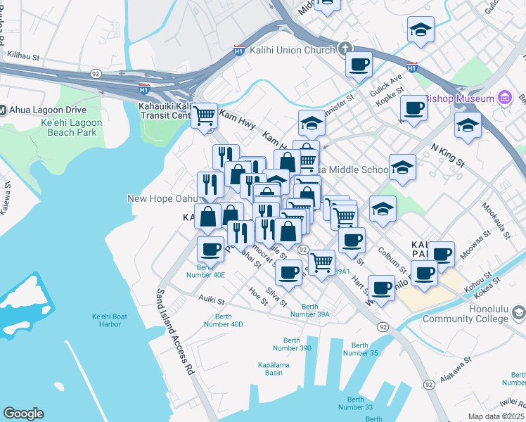 map of restaurants, bars, coffee shops, grocery stores, and more near 2175 Puuhale Road in Honolulu