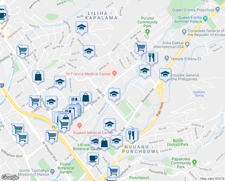 map of restaurants, bars, coffee shops, grocery stores, and more near 2145 Bachelot Street in Honolulu