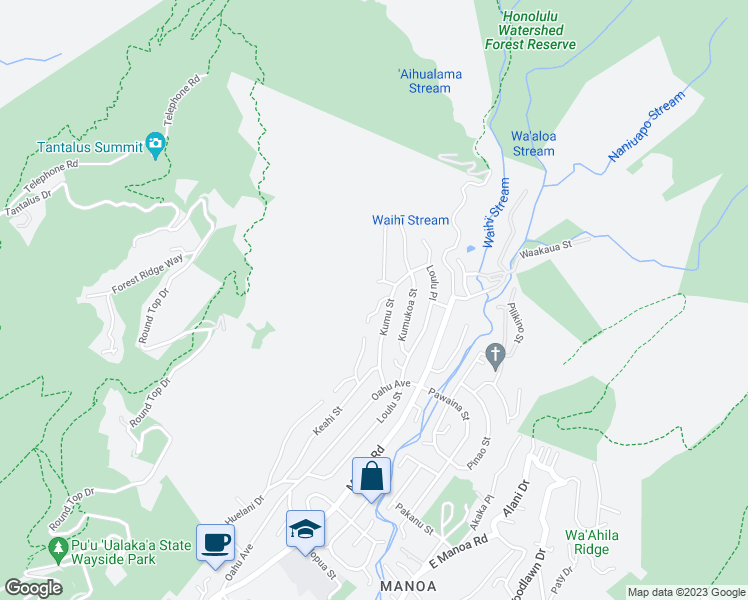 map of restaurants, bars, coffee shops, grocery stores, and more near 3574 Kumu Place in Honolulu