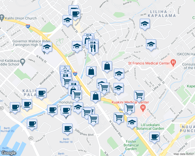 map of restaurants, bars, coffee shops, grocery stores, and more near 993 'Io Lane in Honolulu