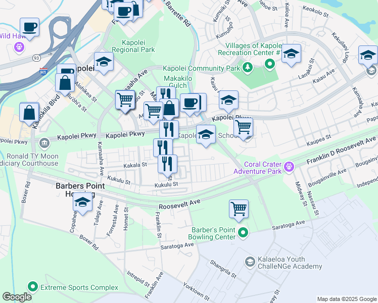 map of restaurants, bars, coffee shops, grocery stores, and more near 91-466 Kunehi Street in Kapolei