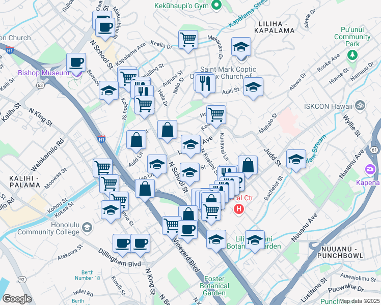 map of restaurants, bars, coffee shops, grocery stores, and more near 1701 Lanakila Avenue in Honolulu