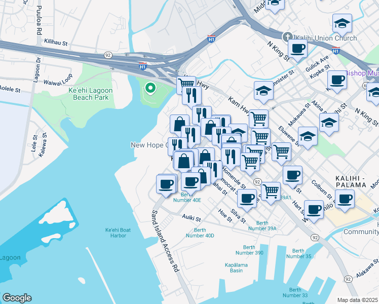 map of restaurants, bars, coffee shops, grocery stores, and more near 290 Sand Island Access Road in Honolulu