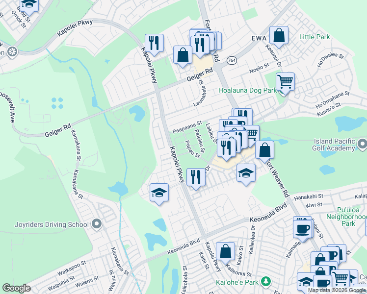 map of restaurants, bars, coffee shops, grocery stores, and more near 91-1128 Hualewa Place in Ewa Beach