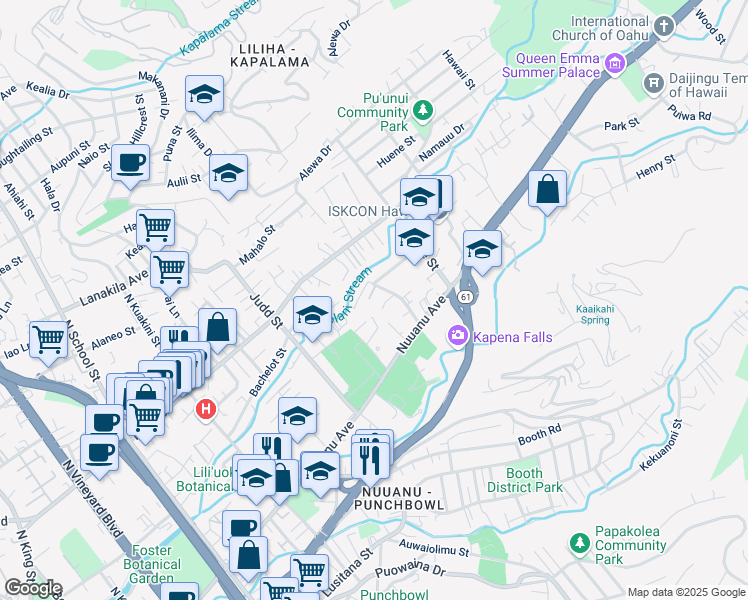 map of restaurants, bars, coffee shops, grocery stores, and more near 81 Kawananakoa Place in Honolulu