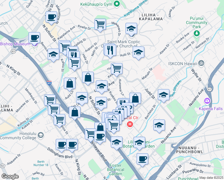 map of restaurants, bars, coffee shops, grocery stores, and more near 1747 Lanakila Avenue in Honolulu