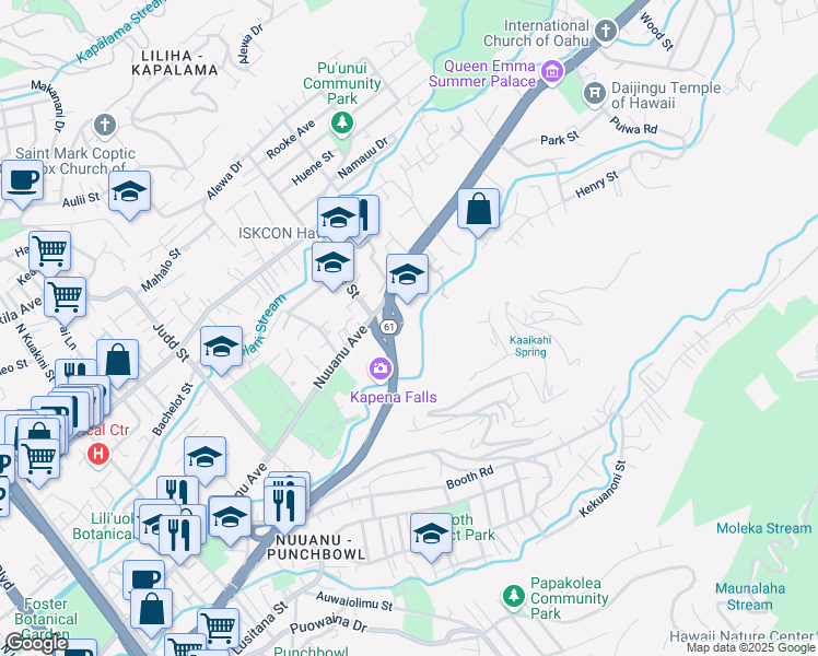 map of restaurants, bars, coffee shops, grocery stores, and more near 2425 Pali Highway in Honolulu