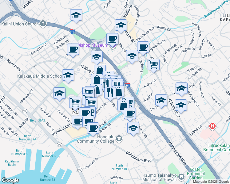 map of restaurants, bars, coffee shops, grocery stores, and more near 1271 North King Street in Honolulu