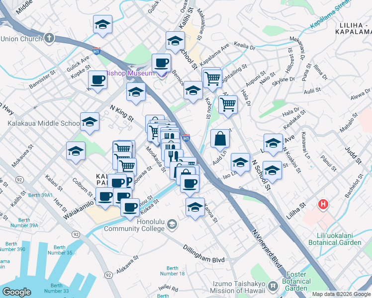map of restaurants, bars, coffee shops, grocery stores, and more near 1179 Olomea Street in Honolulu