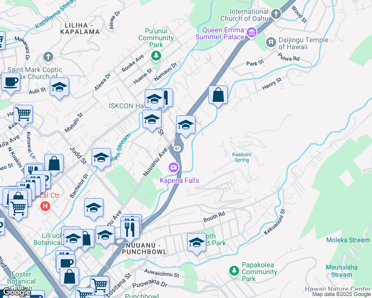 map of restaurants, bars, coffee shops, grocery stores, and more near 2425 Pali Highway in Honolulu