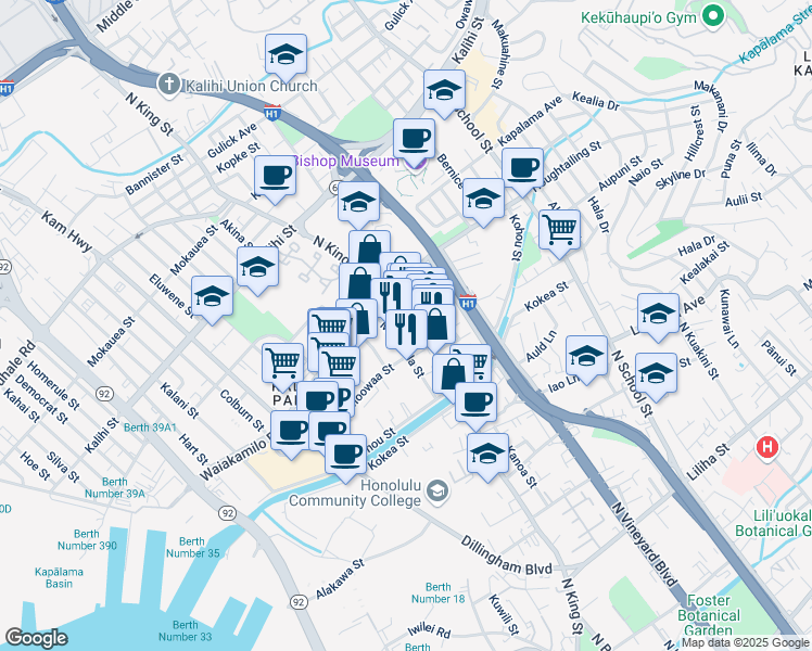 map of restaurants, bars, coffee shops, grocery stores, and more near 1271 North King Street in Honolulu
