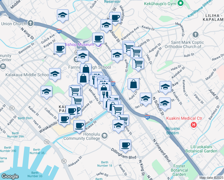 map of restaurants, bars, coffee shops, grocery stores, and more near 1043 Long Lane in Honolulu