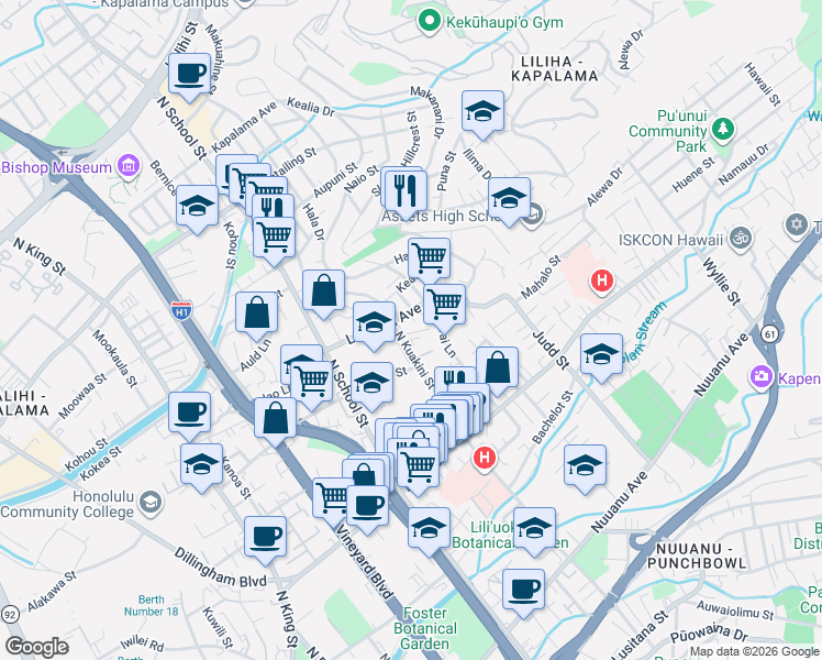 map of restaurants, bars, coffee shops, grocery stores, and more near 1701 Lanakila Avenue in Honolulu