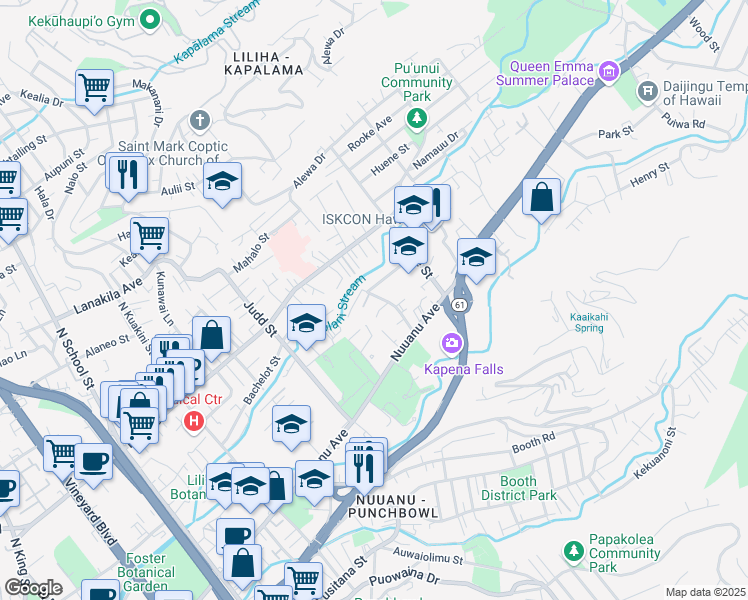 map of restaurants, bars, coffee shops, grocery stores, and more near 71 Kawananakoa Place in Honolulu