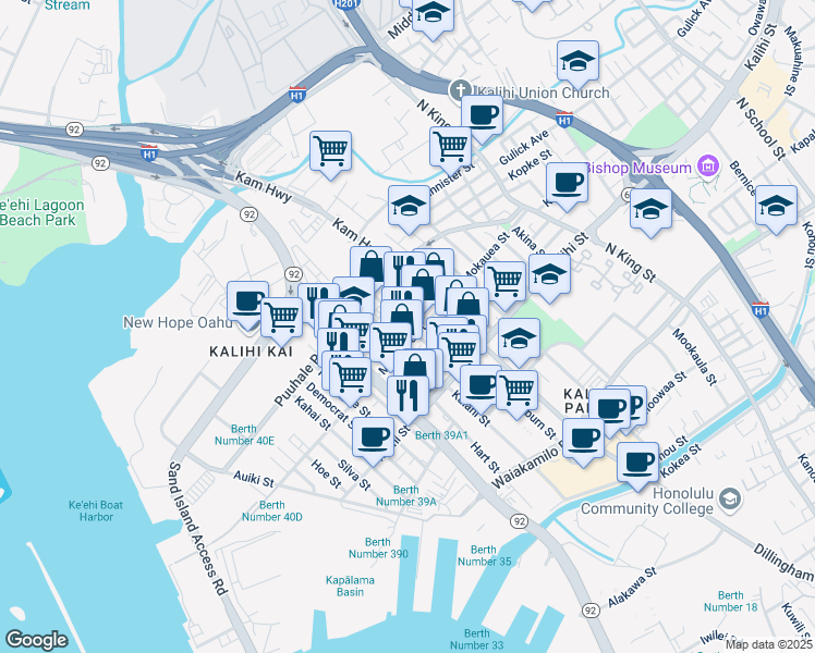 map of restaurants, bars, coffee shops, grocery stores, and more near 1935 Hau Street in Honolulu