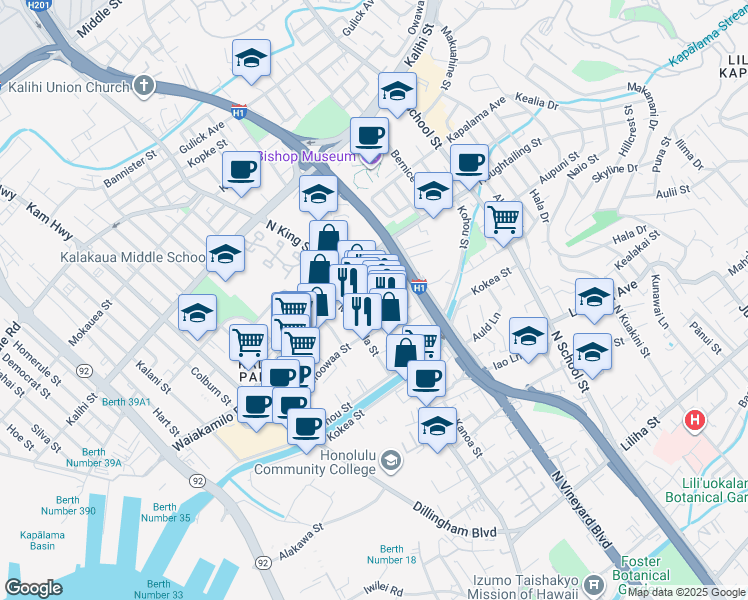 map of restaurants, bars, coffee shops, grocery stores, and more near 1271 North King Street in Honolulu