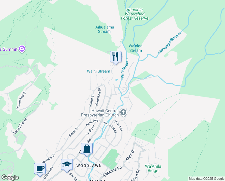 map of restaurants, bars, coffee shops, grocery stores, and more near 3515 Waakaua Street in Honolulu