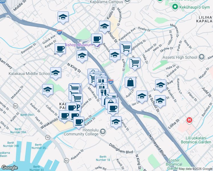 map of restaurants, bars, coffee shops, grocery stores, and more near 1209 Palamea Lane in Honolulu