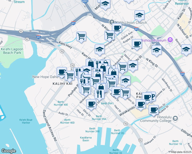 map of restaurants, bars, coffee shops, grocery stores, and more near 1935 Hau Street in Honolulu