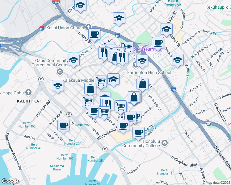 map of restaurants, bars, coffee shops, grocery stores, and more near 821 Kalihi Street in Honolulu