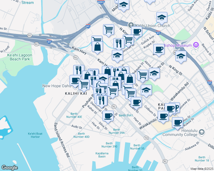 map of restaurants, bars, coffee shops, grocery stores, and more near 411 Puuhale Road in Honolulu