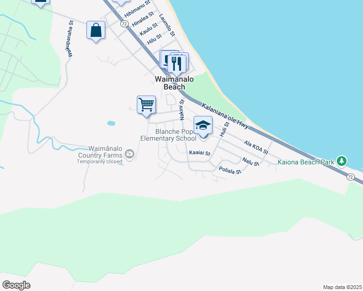 map of restaurants, bars, coffee shops, grocery stores, and more near 41-297 Nakini Street in Waimānalo