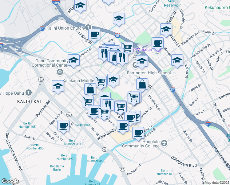 map of restaurants, bars, coffee shops, grocery stores, and more near 821 Kalihi Street in Honolulu