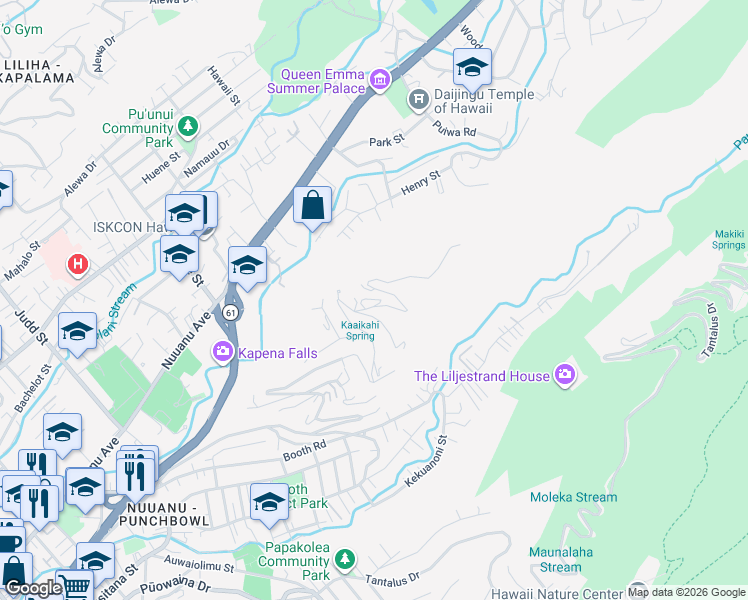 map of restaurants, bars, coffee shops, grocery stores, and more near 3050 Pacific Heights Road in Honolulu