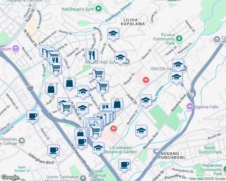 map of restaurants, bars, coffee shops, grocery stores, and more near 730 Judd Street in Honolulu