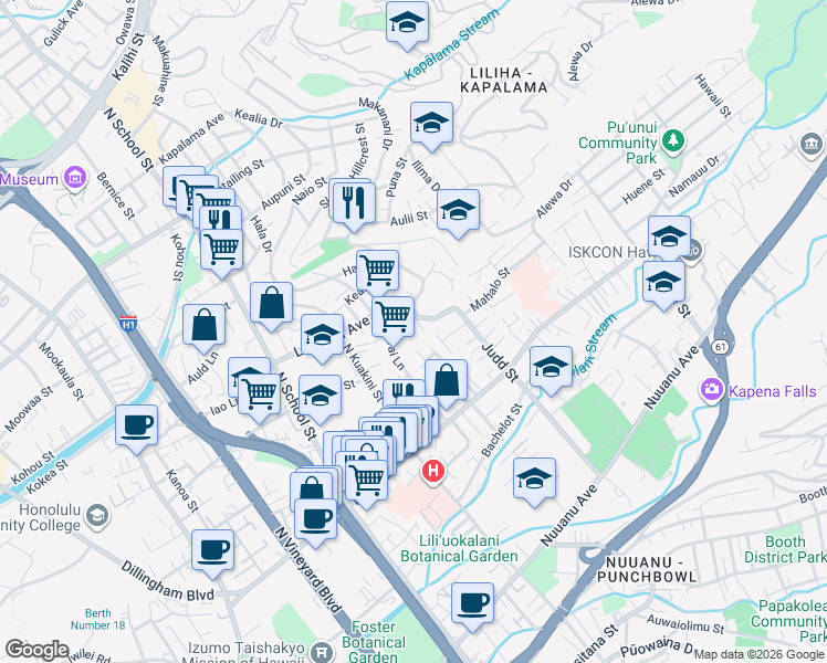 map of restaurants, bars, coffee shops, grocery stores, and more near 730 Judd Street in Honolulu