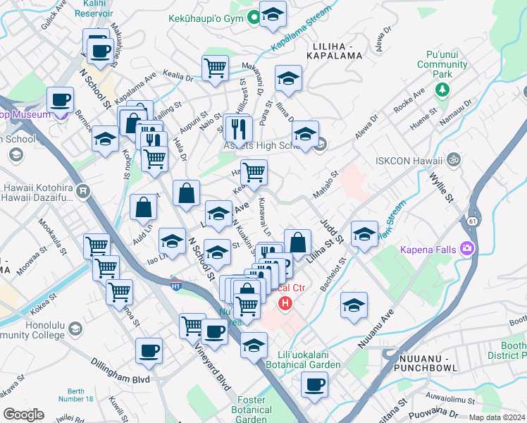 map of restaurants, bars, coffee shops, grocery stores, and more near 845 Kunawai Lane in Honolulu