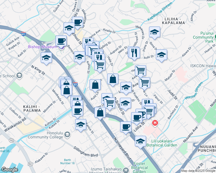 map of restaurants, bars, coffee shops, grocery stores, and more near 1002 North School Street in Honolulu