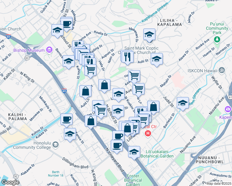map of restaurants, bars, coffee shops, grocery stores, and more near 1700 Lanakila Avenue in Honolulu