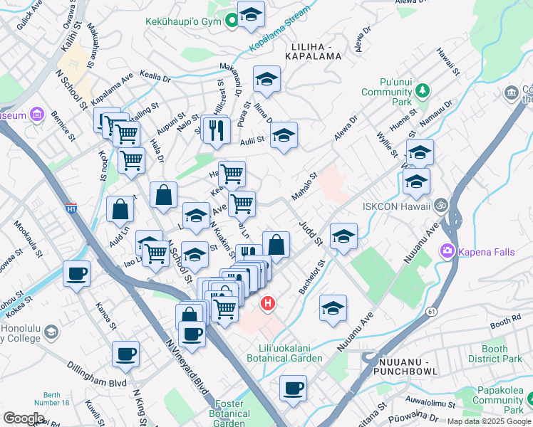 map of restaurants, bars, coffee shops, grocery stores, and more near 730 Judd Street in Honolulu