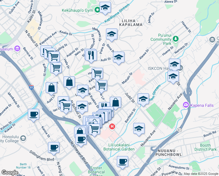 map of restaurants, bars, coffee shops, grocery stores, and more near 730 Judd Street in Honolulu