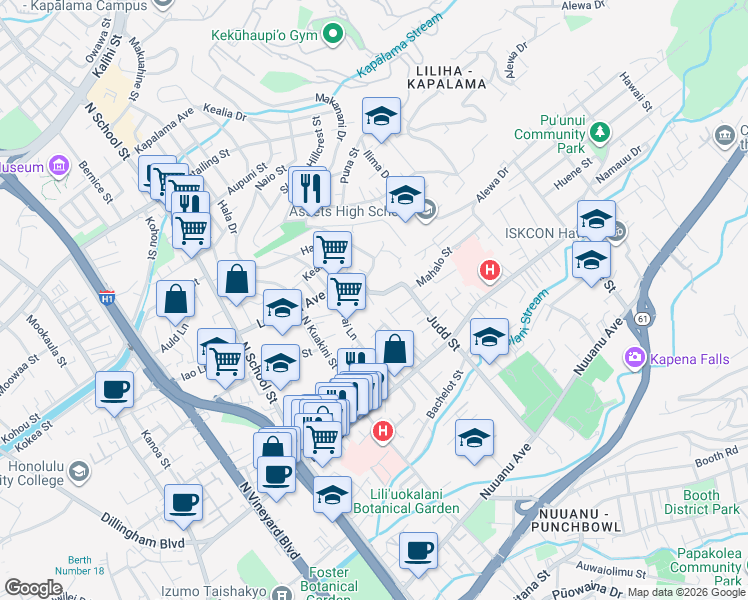 map of restaurants, bars, coffee shops, grocery stores, and more near 730 Judd Street in Honolulu