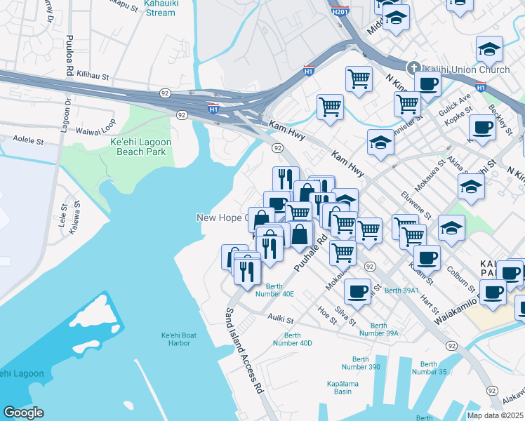 map of restaurants, bars, coffee shops, grocery stores, and more near 2270 Hoonee Place in Honolulu
