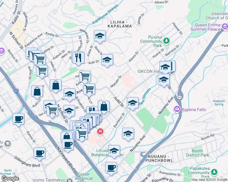 map of restaurants, bars, coffee shops, grocery stores, and more near 2104 Mahalo Street in Honolulu